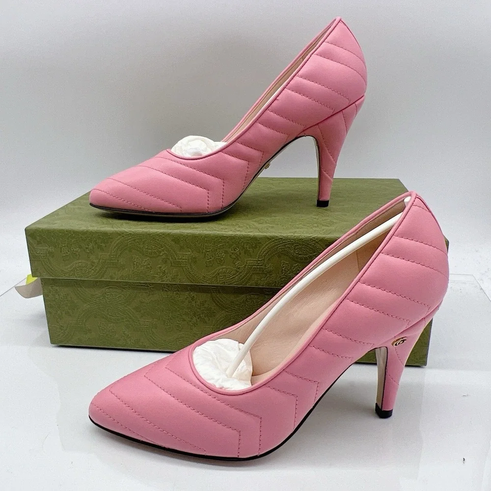 Gucci Chevron Matelasse mini Double G Logo Heel Pumps Pink Leather EU 37.5 - NEW - Picture 4 of 15